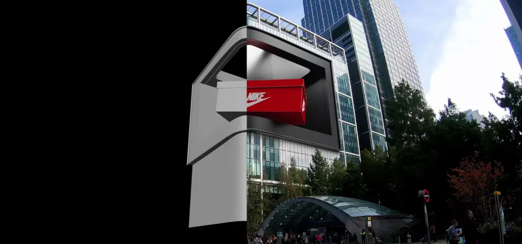 Fooh ads per Nike: scatola di scarpe rossa in CGI sul maxischermo curvo