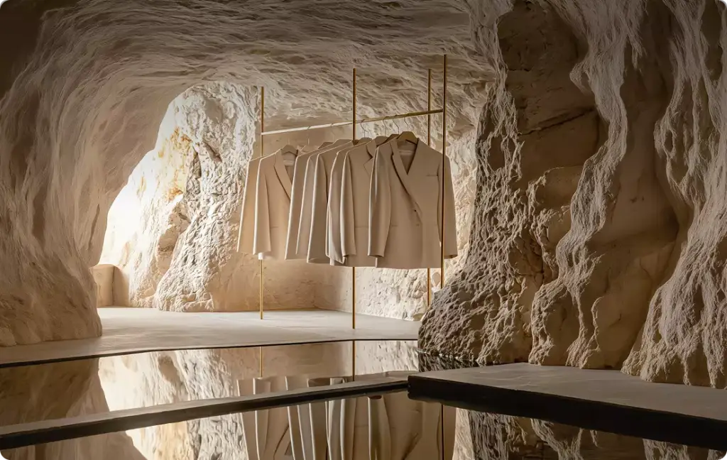 fooh advertising with clothing rack in cave interior, neutral garments, textured rock walls, reflective water surface