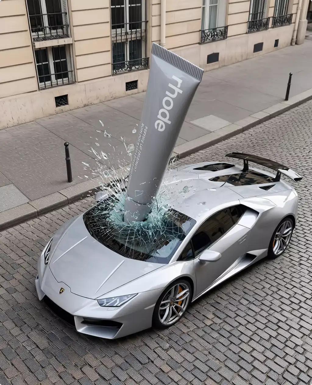 Publicité FOOH avec un tube de soin géant traversant une voiture de sport