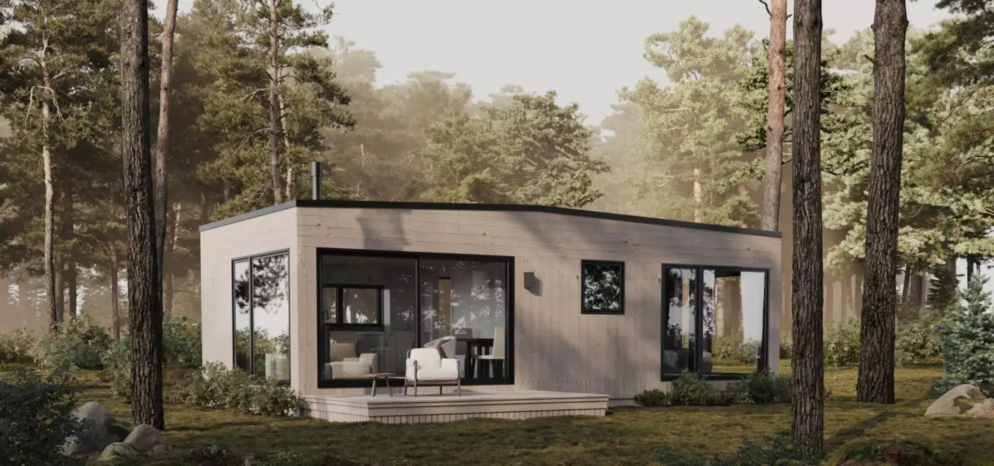 Render arquitectónico de exterior de una casa entre pinos