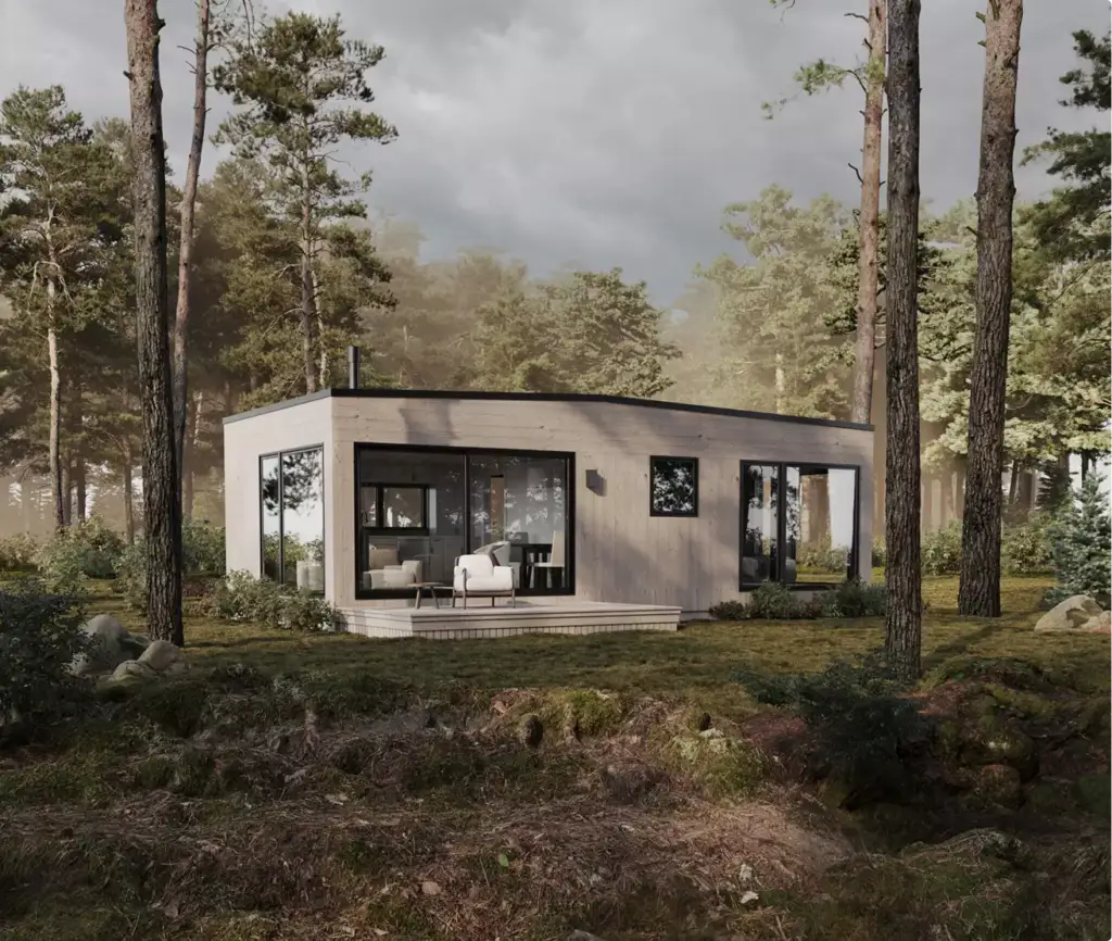Modern boshuis-exterieur met houten gevelbekleding, grote glaspartijen en terras in beboste omgeving