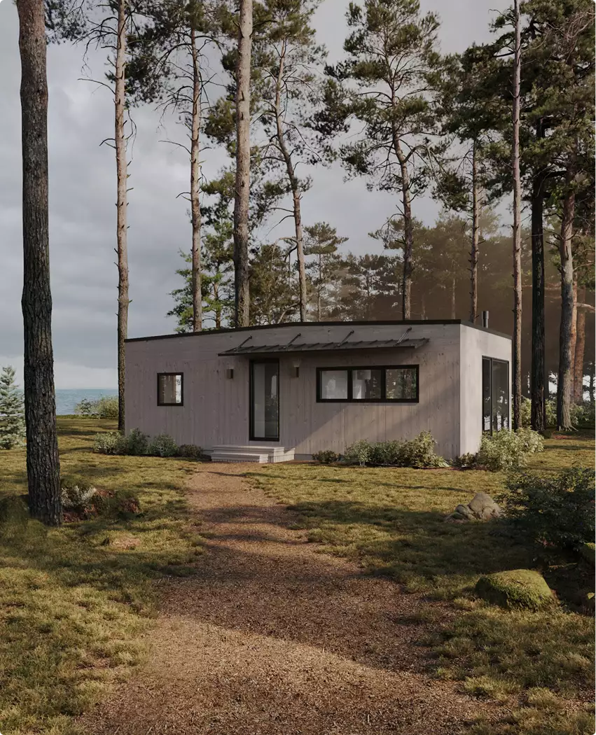 Modern boshuis-exterieur met grindpad naar de houten cabine tussen hoge bomen bij het water