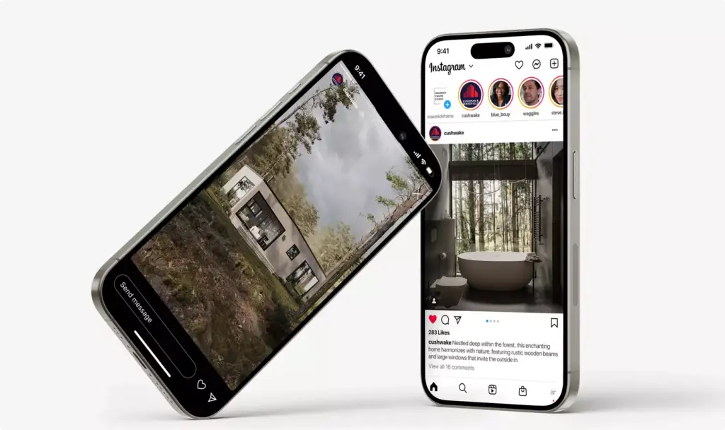 Smartphoneschermen met het boshuis-exterieur en de badkamer in een socialmedia-interface
