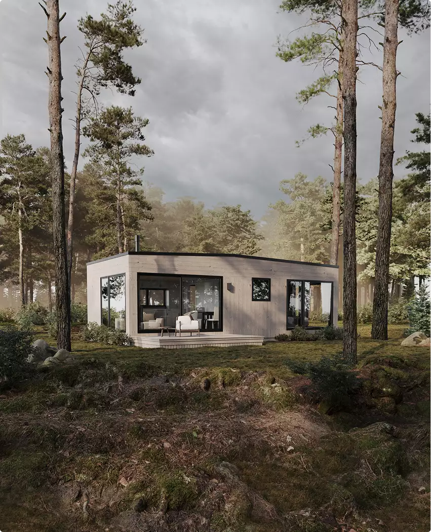 Modern boshuis-exterieur met houten gevel, grote ramen en klein terras tussen hoge dennen