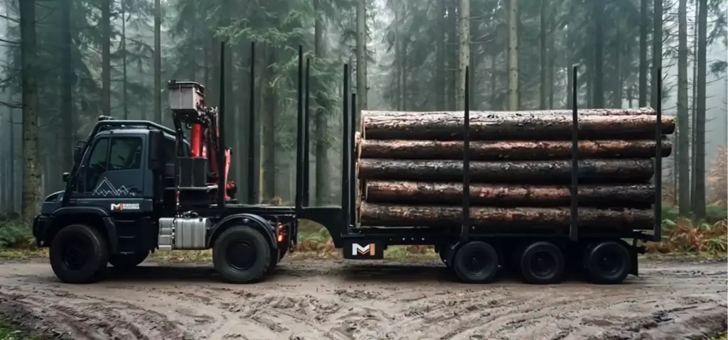 Rendering 3D di macchine forestali: vista laterale del camion da esbosco carico di tronchi accatastati.