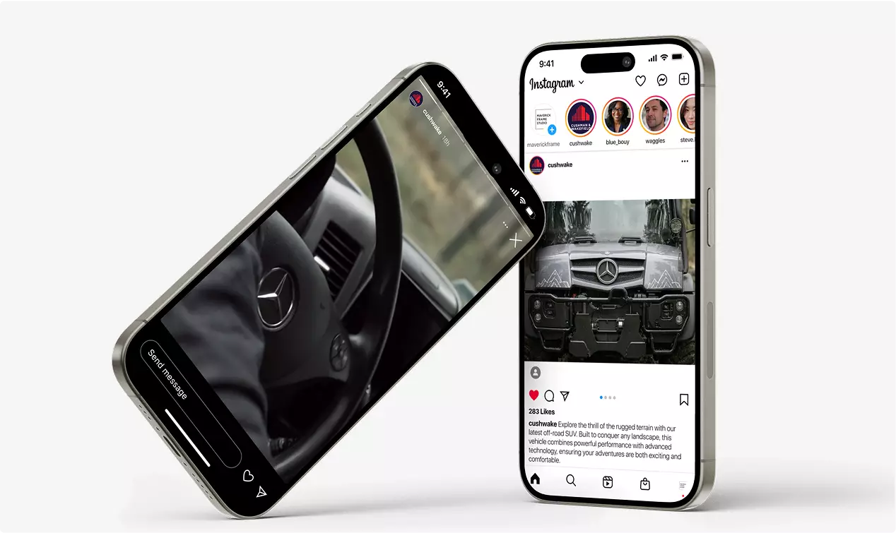 Rendering di prodotto del mezzo forestale: schermi di smartphone con le immagini del camion e il feed social.