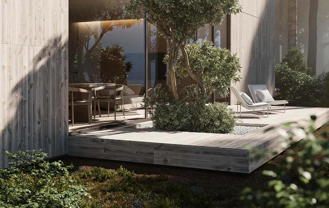 Modern terras bij een woning in een masterplan met houten vlonder, buitenmeubilair en groen