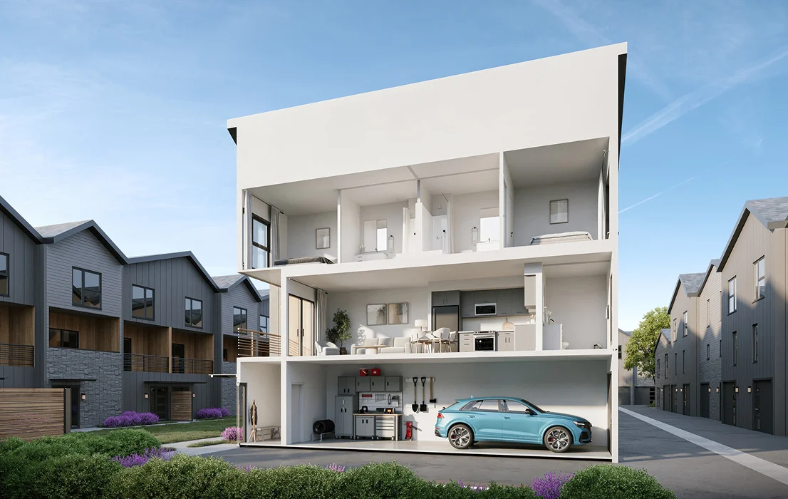 Doorsnede van een woning in een masterplan met kamers, garage met auto en meerdere verdiepingen