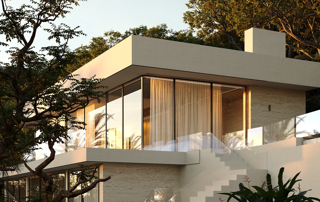Moderne woning uit een masterplan bij zonsondergang met grote ramen, balkon en omringende bomen