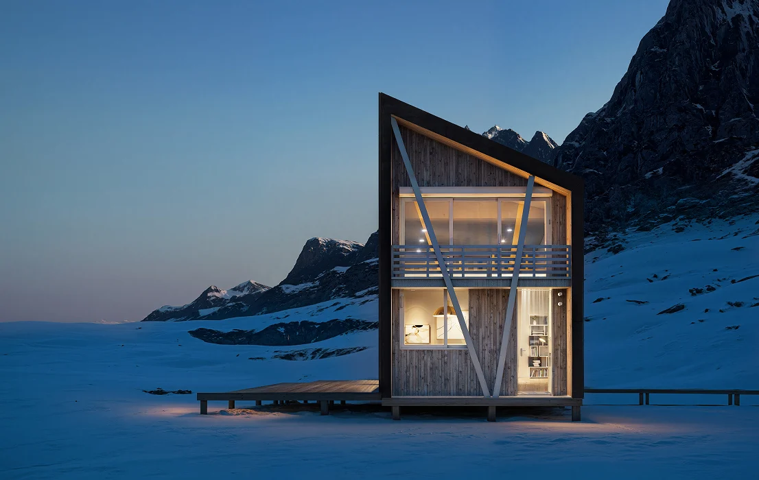 Moderne berghut uit een masterplan bij nacht in een besneeuwd landschap met verlicht interieur en bergen