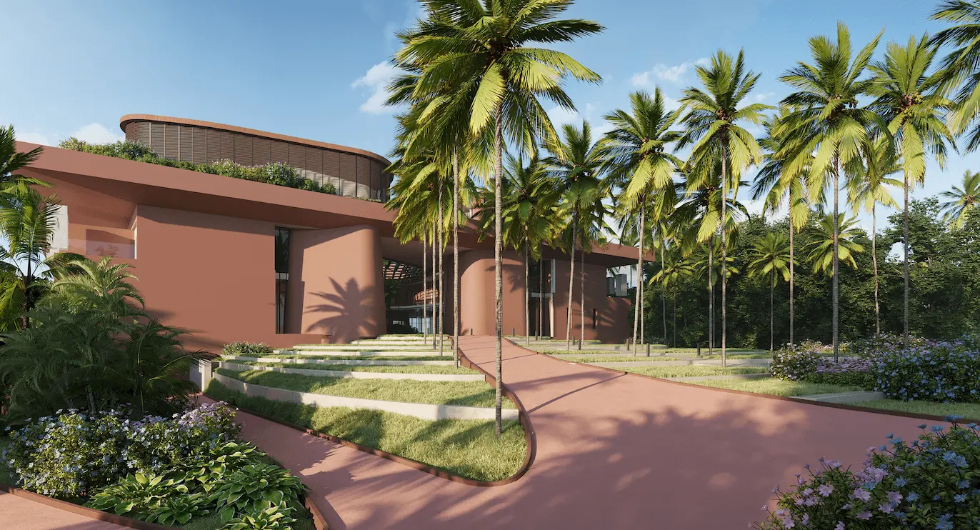 Terracotta modern building with palm-lined drive and gardens, gaussian splatting