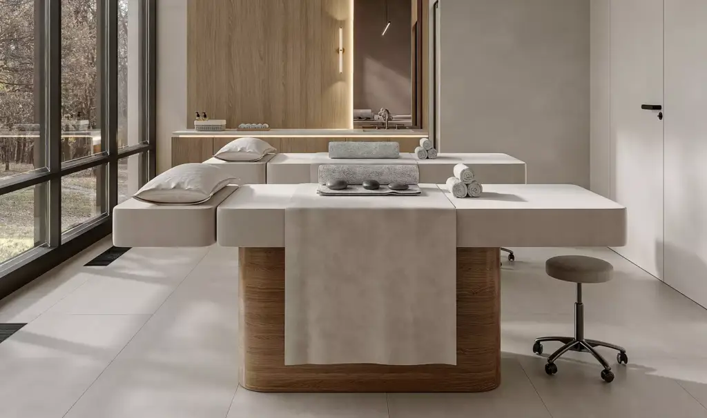 Lettini da massaggio nella visualizzazione 3D di una palestra con asciugamani piegati, sgabello e interni minimali