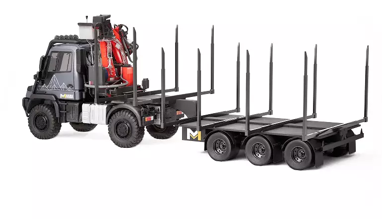 Rendering 3D di un camion pesante da esbosco con rimorchio, visualizzazione CGI industriale.