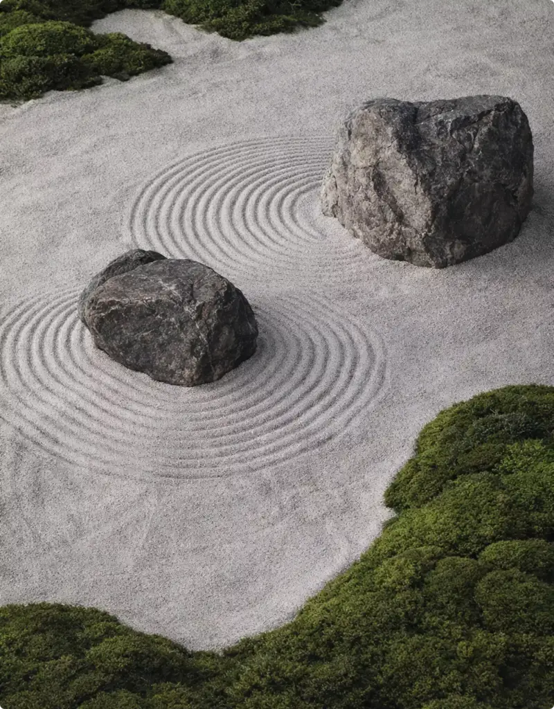 Rendu extérieur haute résolution : jardin zen, gravier ratissé en cercles, deux rochers et mousse verte