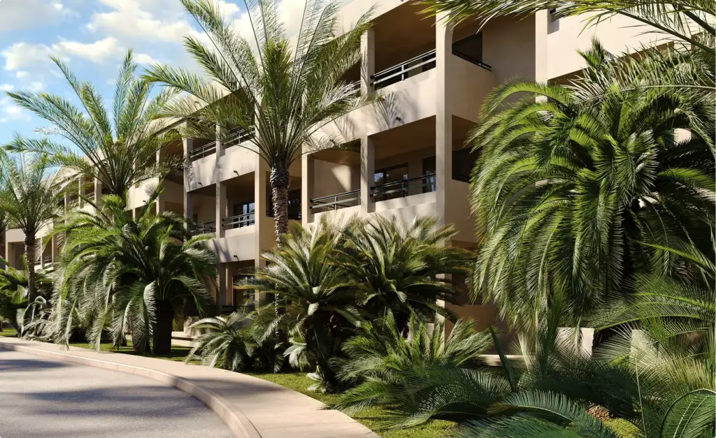 Render 3D de hotel con la fachada del edificio, balcones, palmeras y vegetación exuberante junto al paseo
