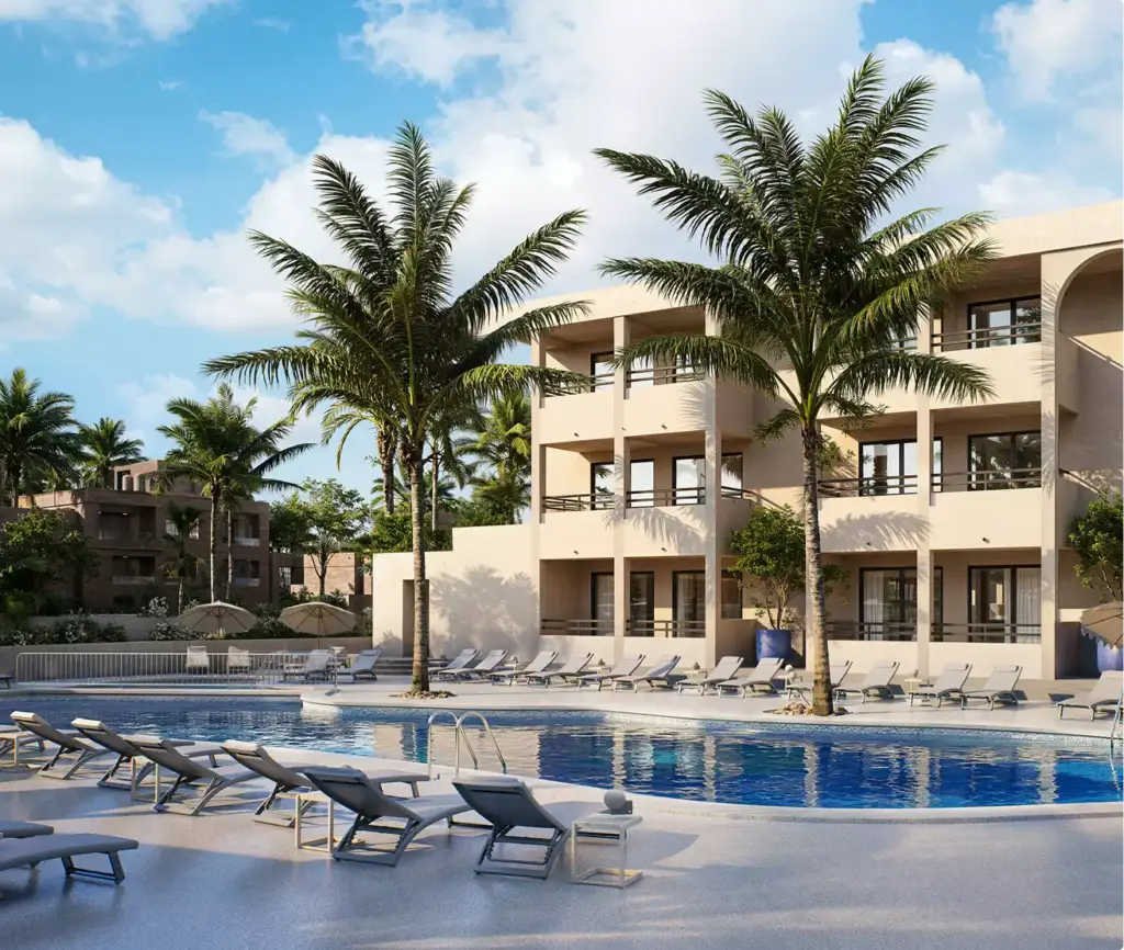 Render 3D de hotel con la piscina del resort, palmeras, tumbonas y edificios beige bajo un cielo azul