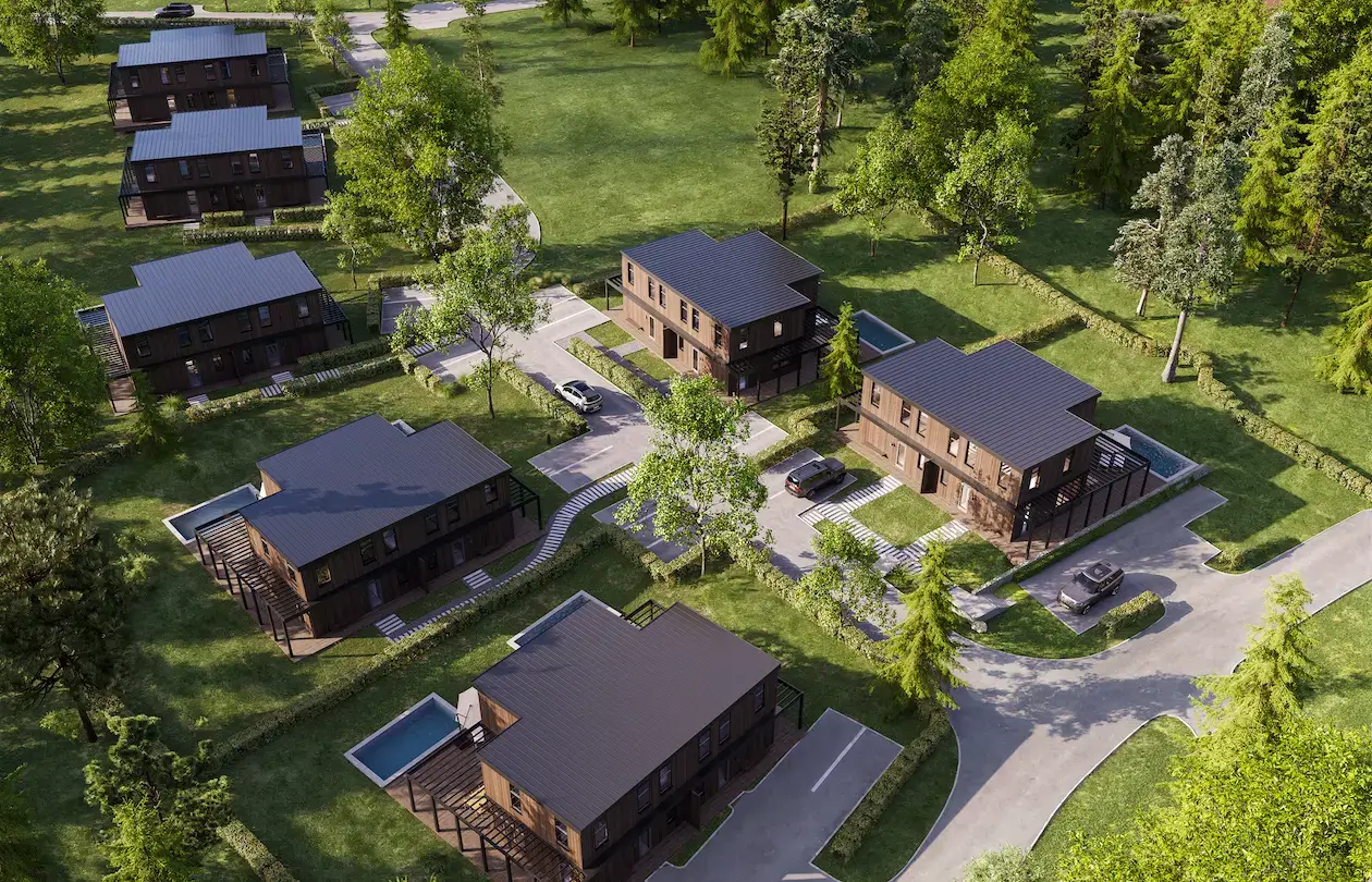 Aerial view of a housing cluster in greenery with roads and pools, ai rendering tools