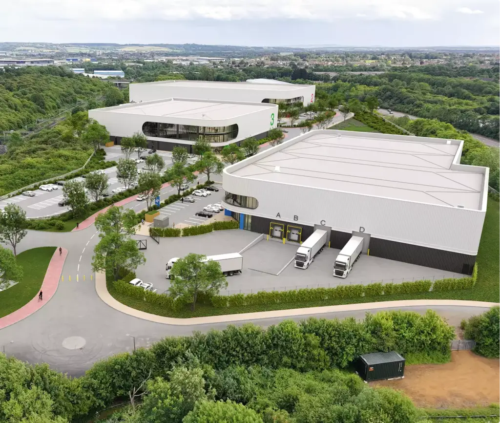 Rendering 3D industriale, vista aerea del complesso di magazzini con banchine di carico, camion, parcheggi e alberi