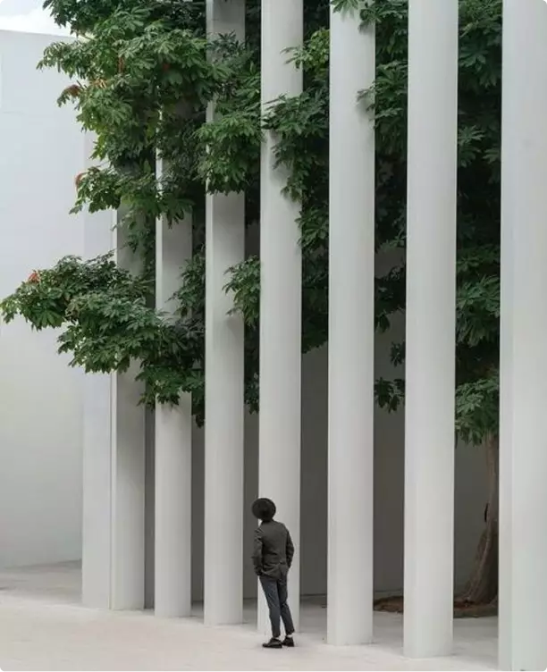 Rendering 3D industriale di colonne verticali con alberi e una persona che cammina in uno spazio esterno curato