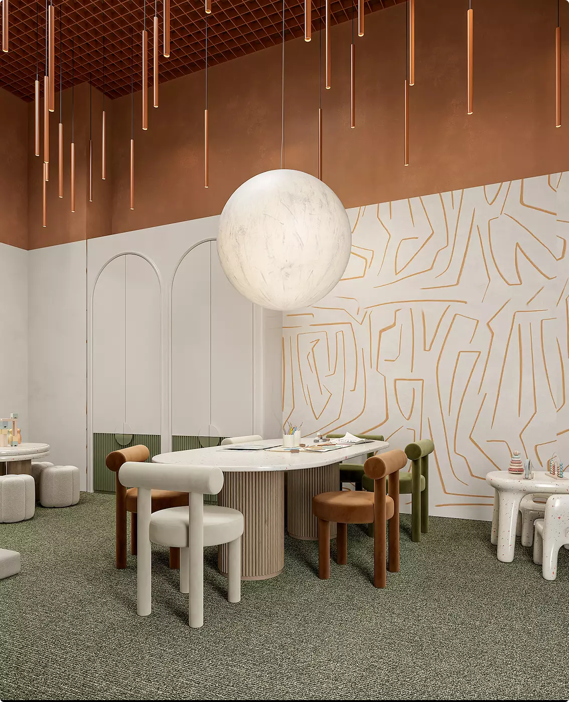 Salle créative pour enfants : table ovale en terrazzo, chaises rondes, grande sphère lumineuse et mur à motif graphique