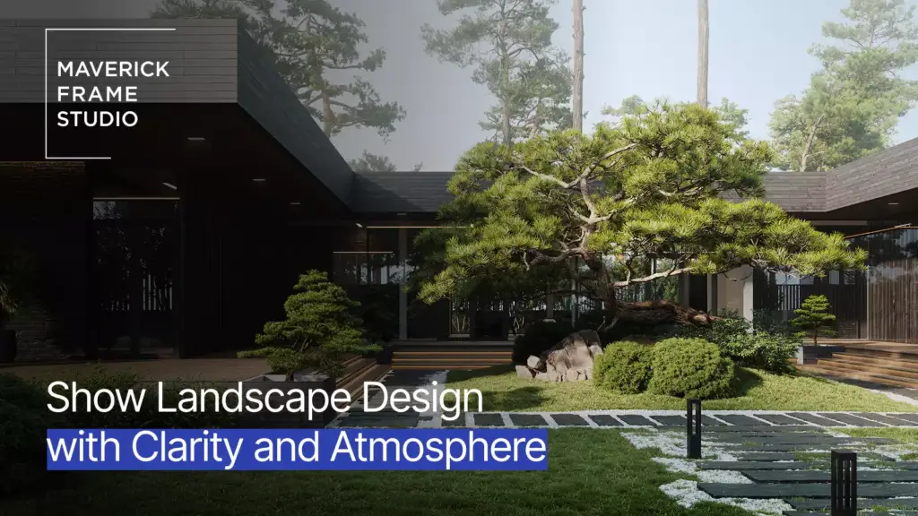 Render de paisajismo de un patio ajardinado con un pino podado, arbustos y una casa oscura al fondo