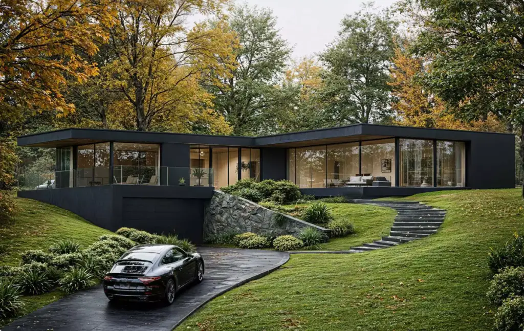 Landschaftsvisualisierung: schwarzes modernes Wohnhaus mit geschwungener Zufahrt in herbstlicher Landschaft