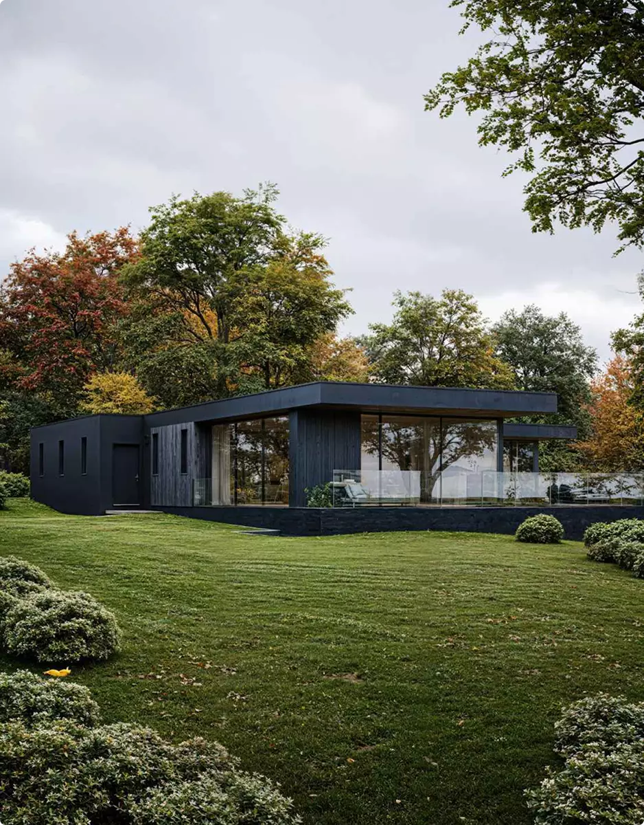 Landschaftsvisualisierung: moderne schwarze Villa zwischen geschnittenen Sträuchern und Herbstbäumen