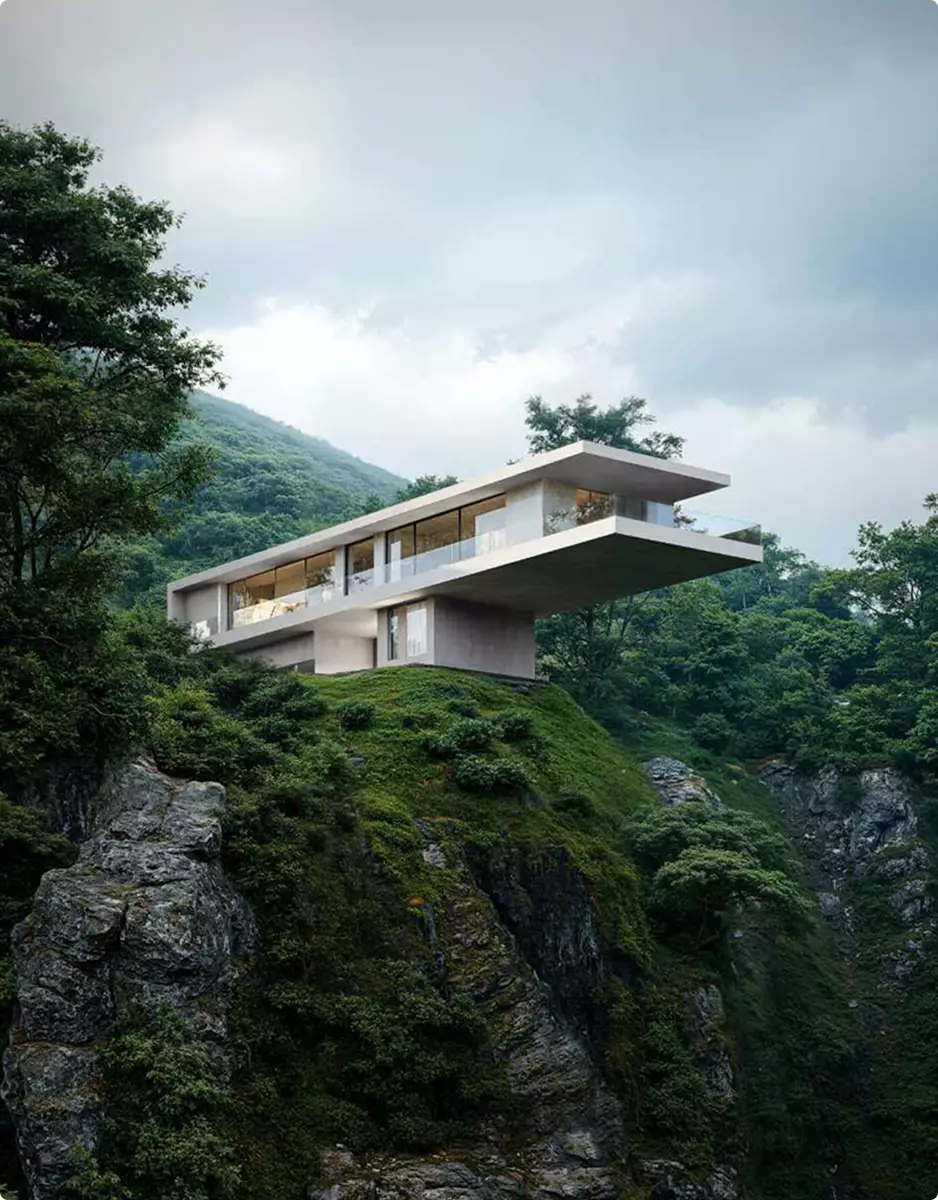 Landschaftsvisualisierung: modernes Felsenhaus über der Waldschlucht unter bewölktem Himmel