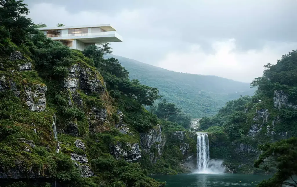 Landschaftsvisualisierung: modernes Haus an der Felskante über Wasserfall und bewaldeter Schlucht