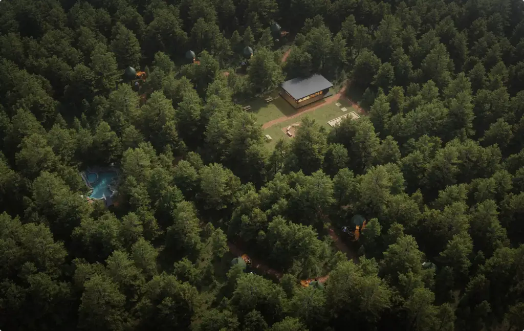 Landschaftsvisualisierung: Waldresort mit Hütten, Wegen und zentralem Treffpunkt