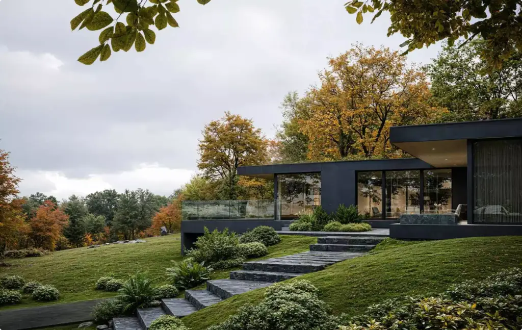 Landschaftsvisualisierung: modernes Hanghaus mit Steinstufen und gepflegtem Rasen