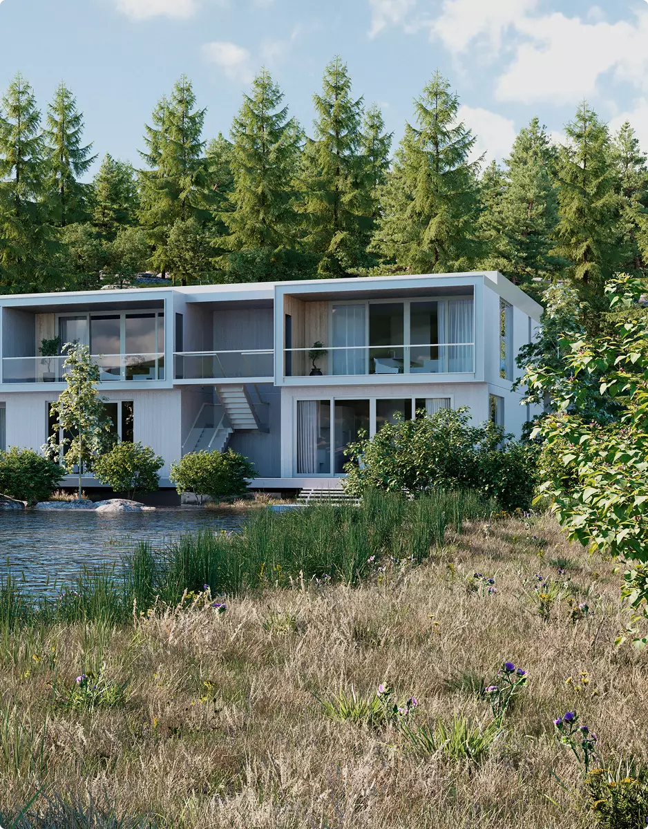 Landschaftsvisualisierung: moderne Apartments am See zwischen Bäumen und heimischen Gräsern