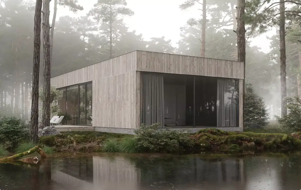 Landschaftsvisualisierung: moderne Holzhütte am spiegelnden Teich im nebligen Kiefernwald
