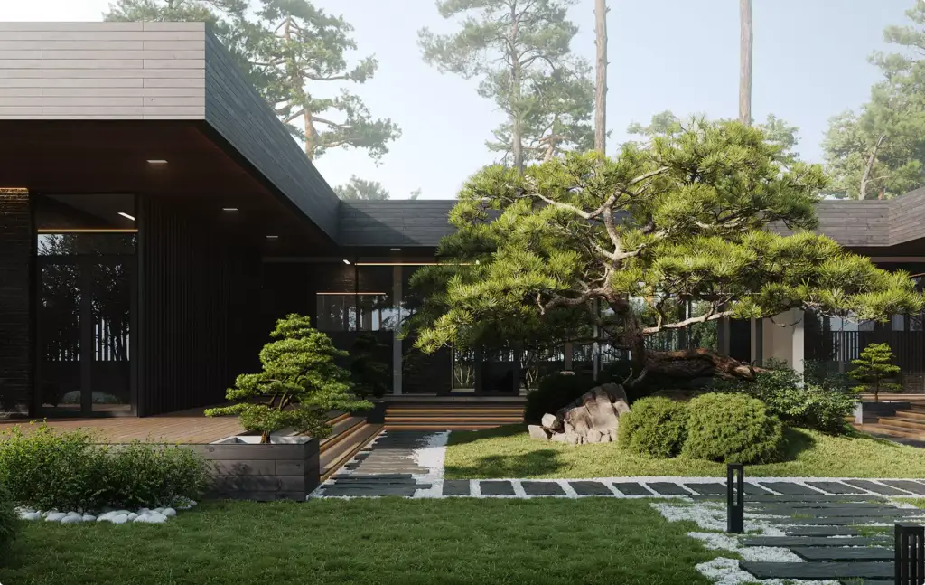 Landschaftsvisualisierung: Innenhof eines modernen Hauses mit Bonsai-Bäumen und Steinweg