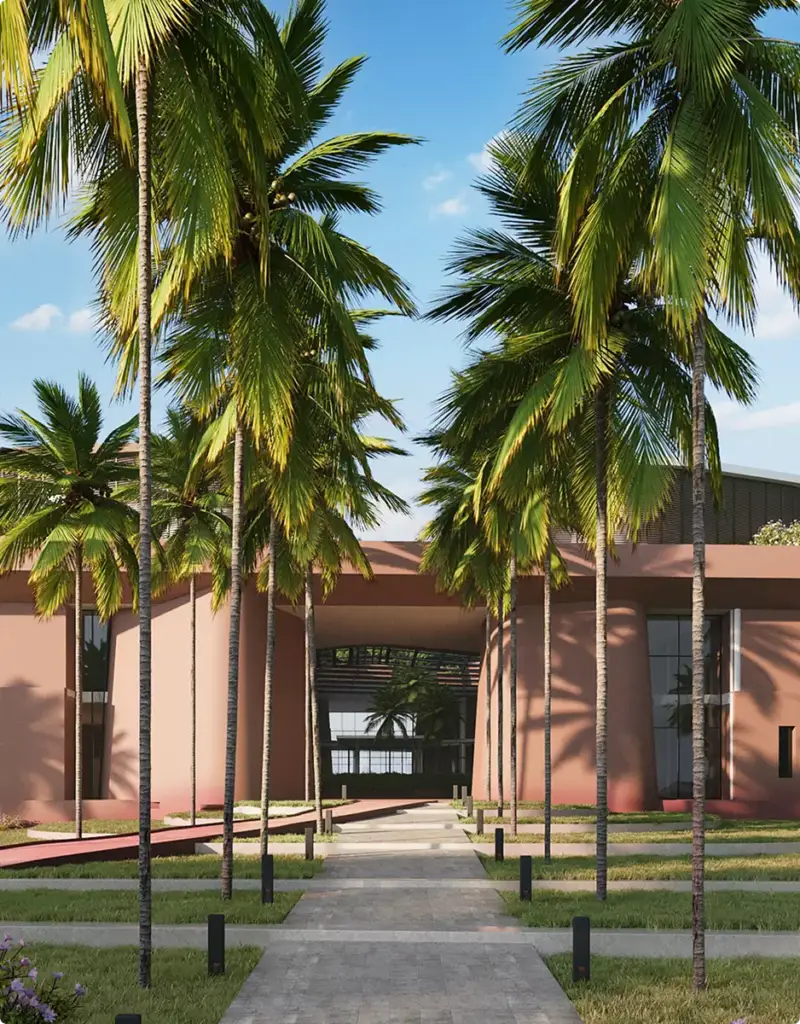 Landscape Rendering Services palm-lined entrance walkway leading to modern tropical building