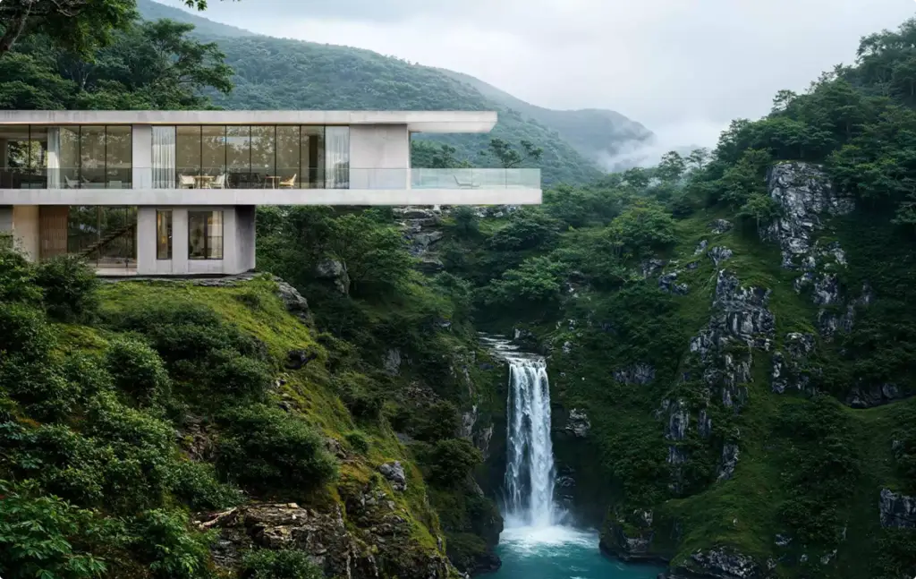 Landschaftsvisualisierung: modernes Haus mit Blick auf Wasserfall und grünes Bergtal