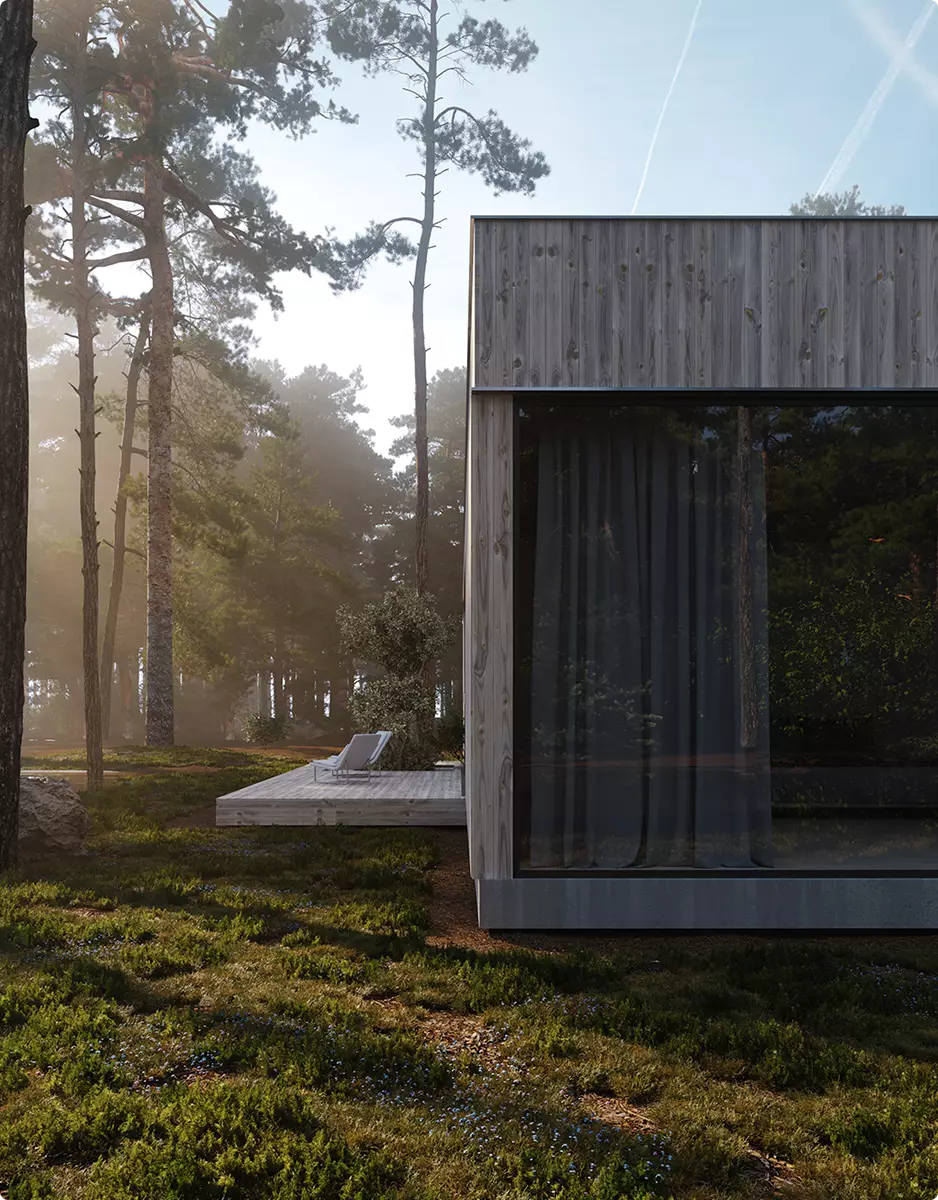 Landschaftsvisualisierung: Holzterrasse einer Hütte im Kiefernwald im Morgenlicht