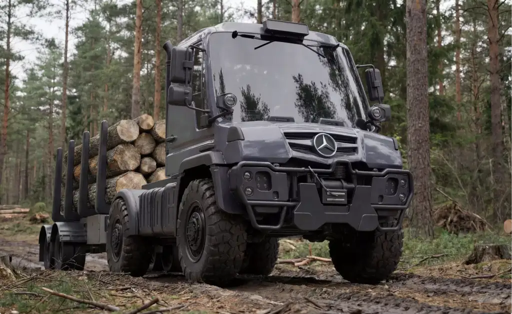 Visualizzazione di prodotto della macchina da esbosco: camion carico di tronchi tagliati su un sentiero forestale fangoso.