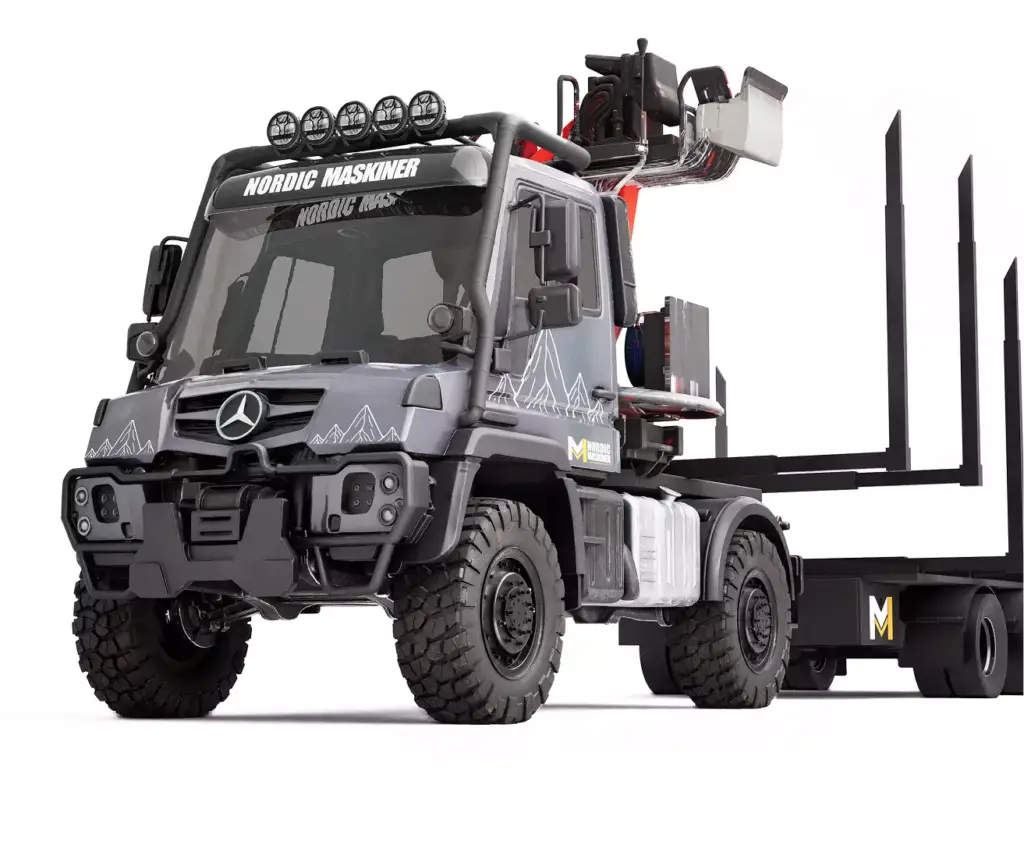 Visualizzazione di prodotto della macchina da esbosco: render del camion con gru e rimorchio porta-tronchi vuoto su fondo bianco.