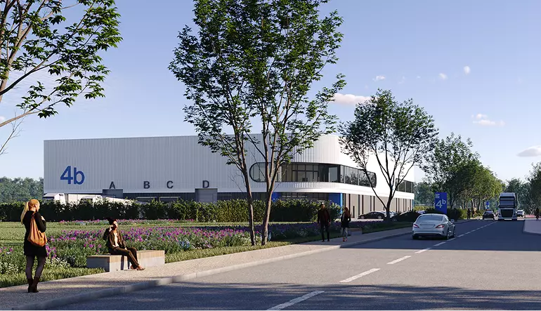 Rendering di centri logistici, edificio 4b del magazzino con strada, auto e pedoni in un'area verde