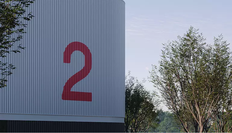 Rendering di centri logistici, primo piano della facciata del magazzino con il grande numero 2 e alberi accanto all'edificio