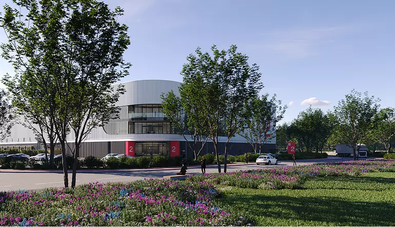 Rendering di centri logistici, magazzino moderno con alberi, strada, auto e persone vicino all'ingresso