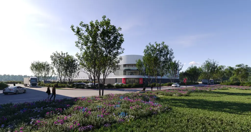 Rendering di centri logistici, vista ampia del magazzino con alberi, fiori, strada, auto e persone