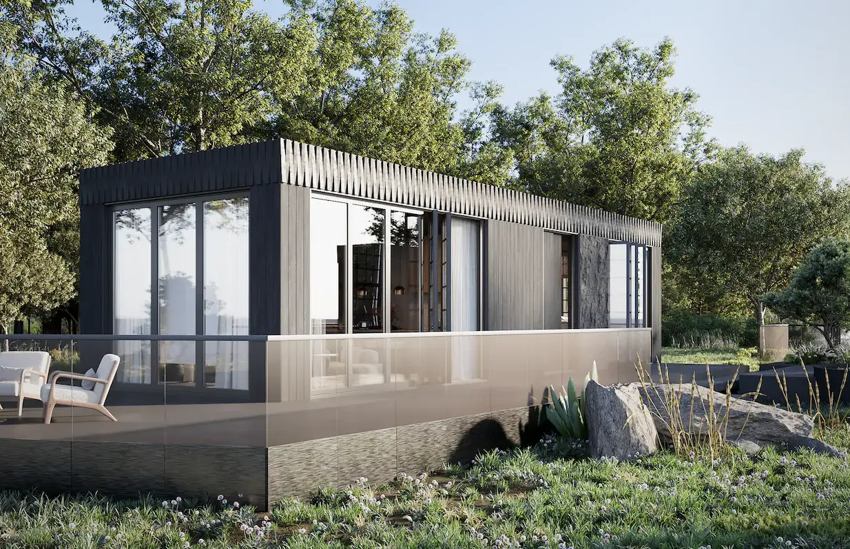 Modern glass cabin in a wooded setting, outsourced 3D rendering