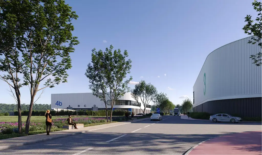Rendering architettonico fotorealistico della strada del centro logistico con auto, persone, alberi ed edifici di magazzino