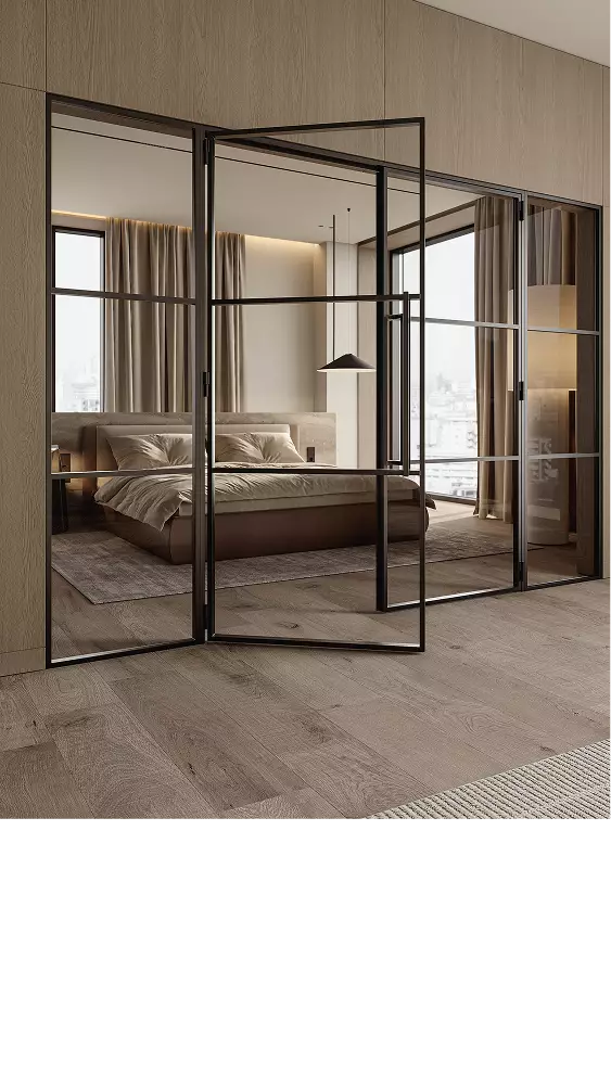 Puertas dobles de cristal con marco negro en un interior luminoso