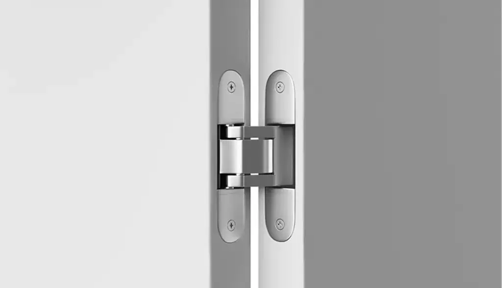 Bisagra oculta en una puerta blanca con detalle de herraje metálico