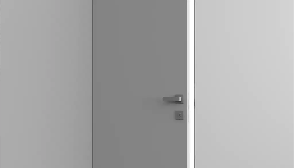 Puerta de interior enrasada gris con una manilla minimalista en un entorno blanco y limpio