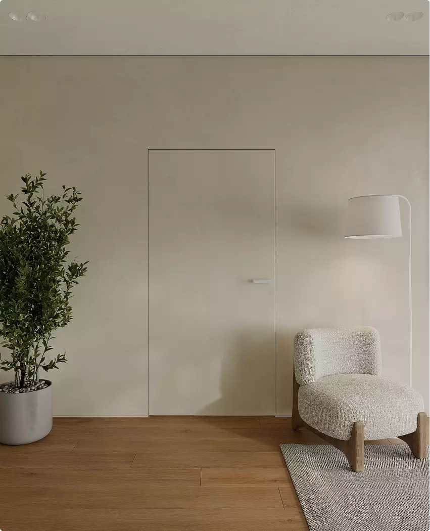 Photorealistic door renders of flush wall door in minimalist room with chair, lamp, and plant