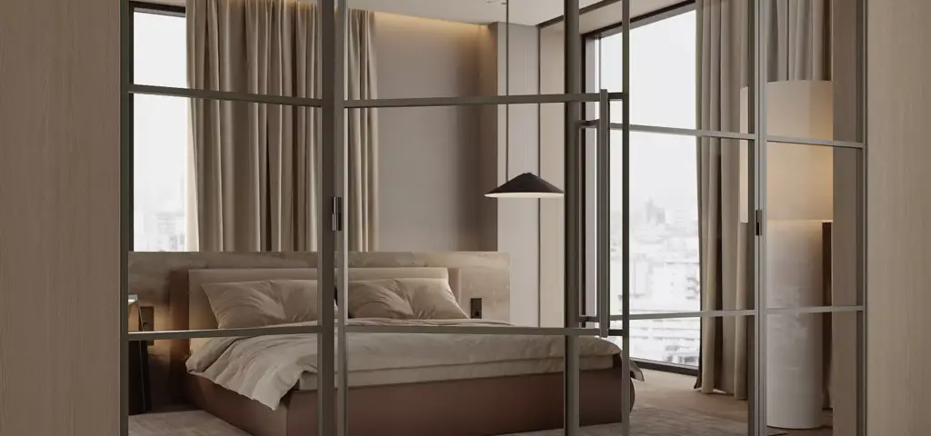 Photorealistic door renders of glass framed doors in modern bedroom with bed, curtains, and city view